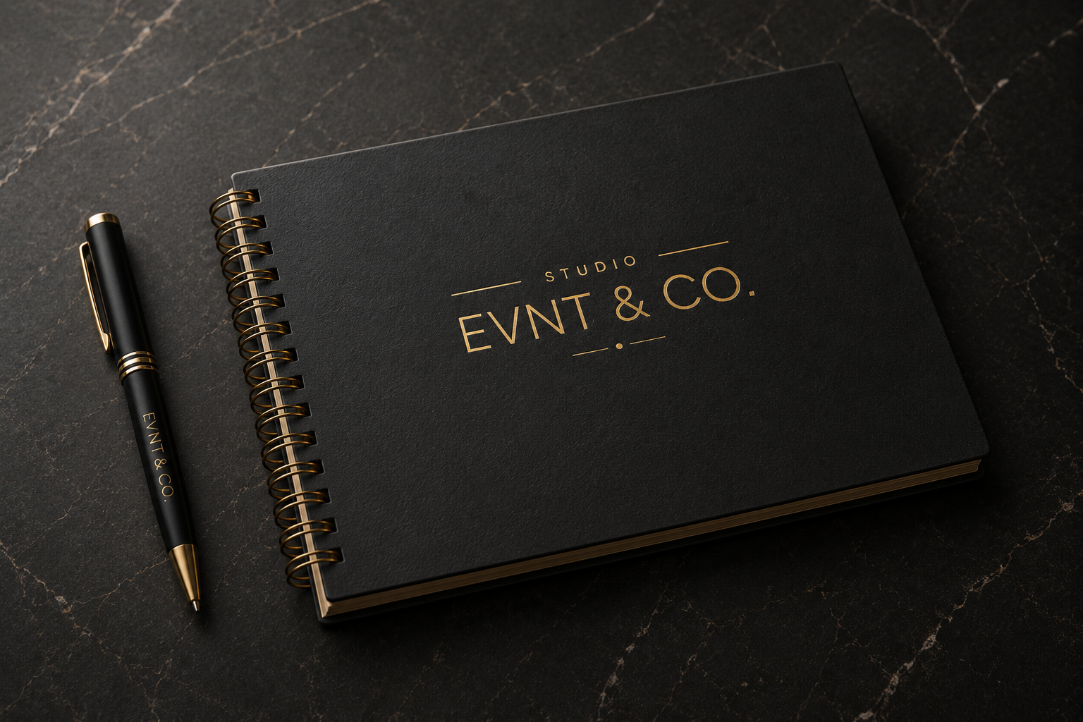 Charcoal strategic planning notebook with gold Studio EVNT & Co. branding